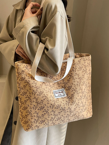 Τσάντα Tote για μαθήτριες λυκείου, corduroy ύφασμα, φερμουάρ, κάθετος τετράγωνος σχήματος, τρισδιάστατος εξωτερικός σχεδιασμός, καθημερινή χρήση