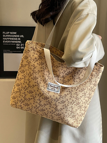 Τσάντα Tote για μαθήτριες λυκείου, corduroy ύφασμα, φερμουάρ, κάθετος τετράγωνος σχήματος, τρισδιάστατος εξωτερικός σχεδιασμός, καθημερινή χρήση