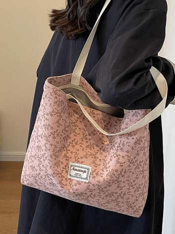 Τσάντα Tote για μαθήτριες λυκείου, corduroy ύφασμα, φερμουάρ, κάθετος τετράγωνος σχήματος, τρισδιάστατος εξωτερικός σχεδιασμός, καθημερινή χρήση