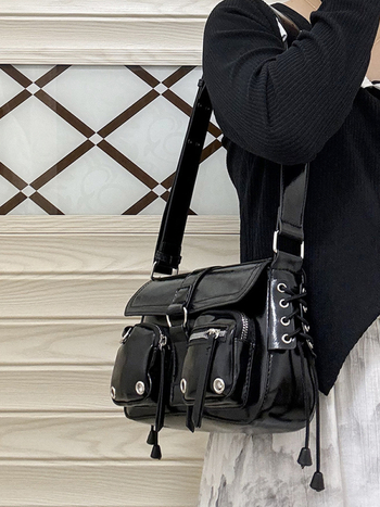 PU bőr alkar-crossbody táska, utcai stílus, horizontális négyzet alakú, zárható lezárás, belső zipzáras zseb, poliészter bélés, 2025 tavasz