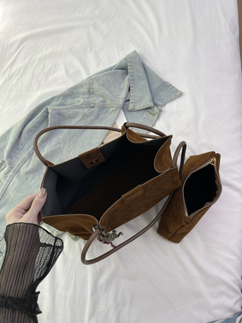 Двукомпонентен урбан Tote комплект от вълна с магнитно затваряне, хоризонтална квадратна форма и вътрешни джобове за телефон и ID