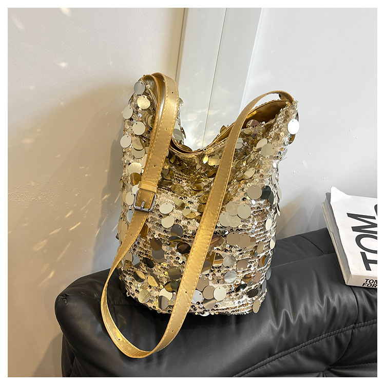 Geantă bucket cu paiete, stil stradal, închidere magnetică, căptușeală din poliester, buzunar intern pentru telefon