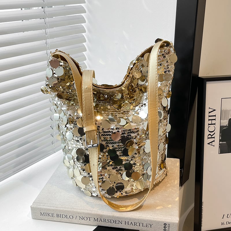 Geantă bucket cu paiete, stil stradal, închidere magnetică, căptușeală din poliester, buzunar intern pentru telefon