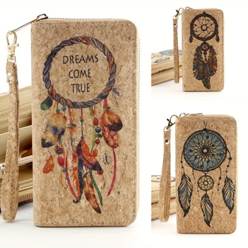 Portofel lung din plută cu fermoar, curea de mână, mai multe sloturi pentru carduri, model Dream Net Feather, căptușeală poliester, ediția 2025