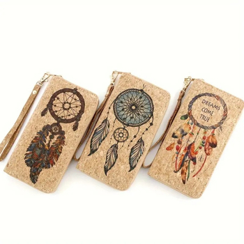 Portofel lung din plută cu fermoar, curea de mână, mai multe sloturi pentru carduri, model Dream Net Feather, căptușeală poliester, ediția 2025