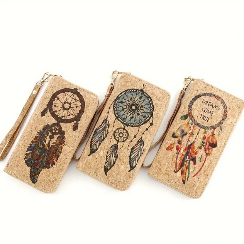 Portofel lung din plută cu fermoar, curea de mână, mai multe sloturi pentru carduri, model Dream Net Feather, căptușeală poliester, ediția 2025