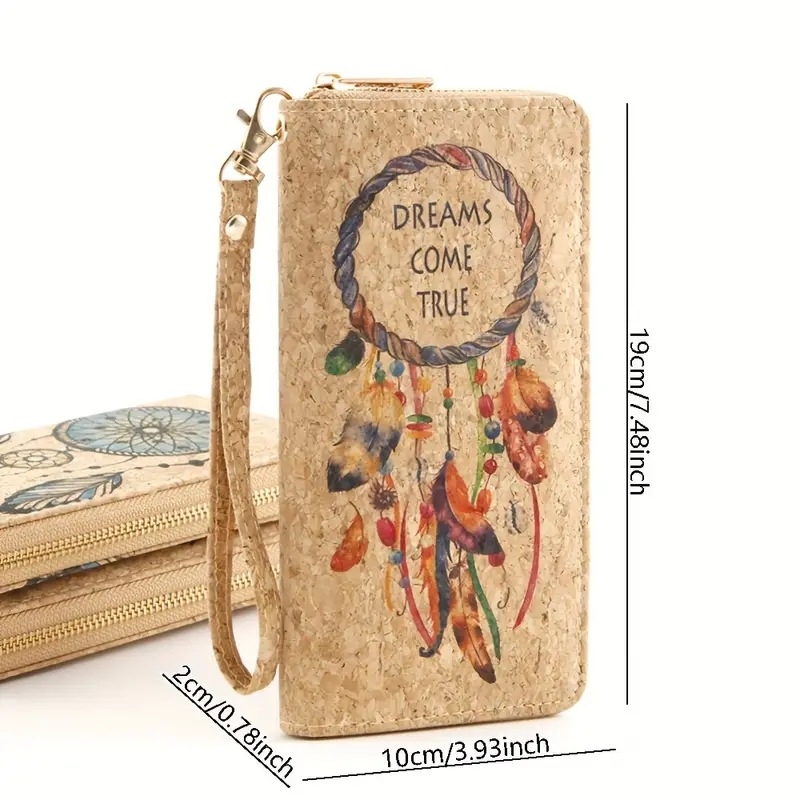 Portofel lung din plută cu fermoar, curea de mână, mai multe sloturi pentru carduri, model Dream Net Feather, căptușeală poliester, ediția 2025