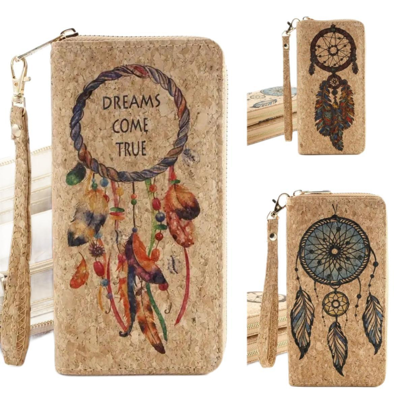 Portofel lung din plută cu fermoar, curea de mână, mai multe sloturi pentru carduri, model Dream Net Feather, căptușeală poliester, ediția 2025