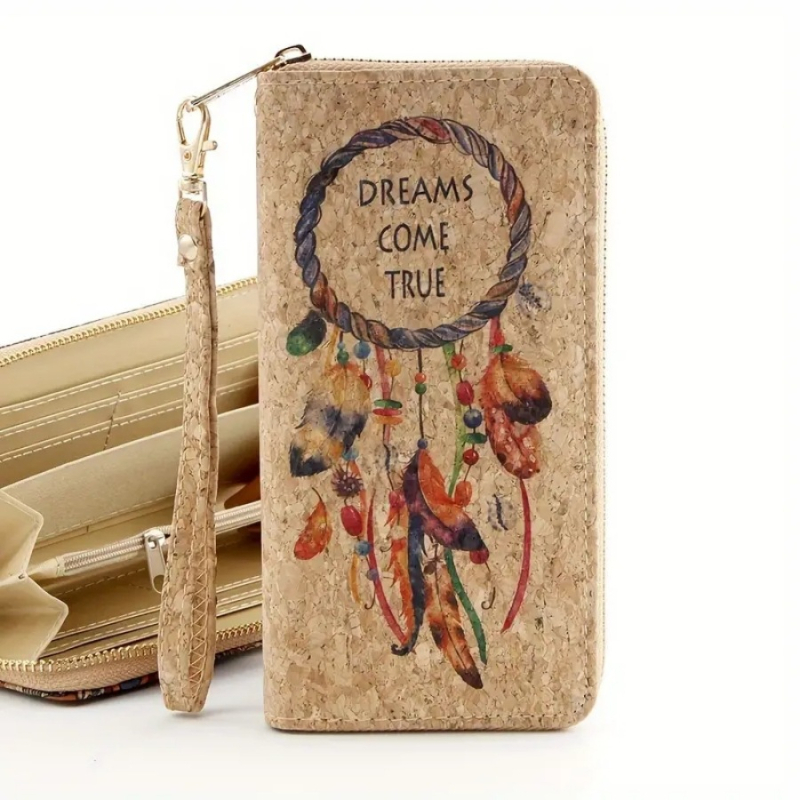 Portofel lung din plută cu fermoar, curea de mână, mai multe sloturi pentru carduri, model Dream Net Feather, căptușeală poliester, ediția 2025