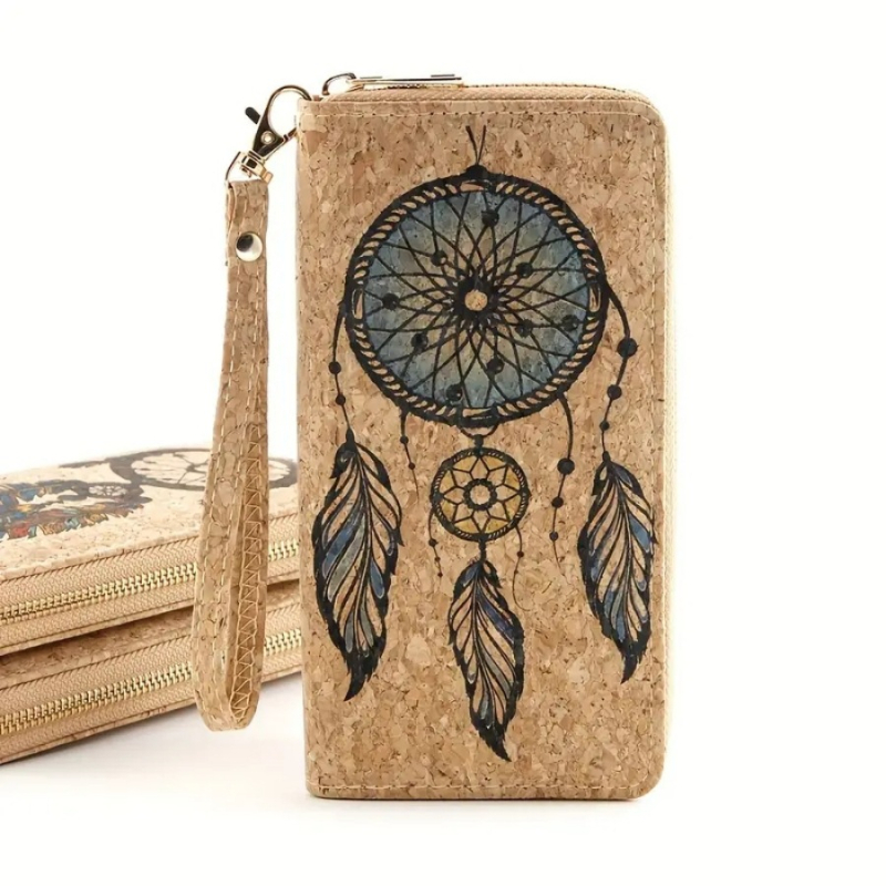 Portofel lung din plută cu fermoar, curea de mână, mai multe sloturi pentru carduri, model Dream Net Feather, căptușeală poliester, ediția 2025