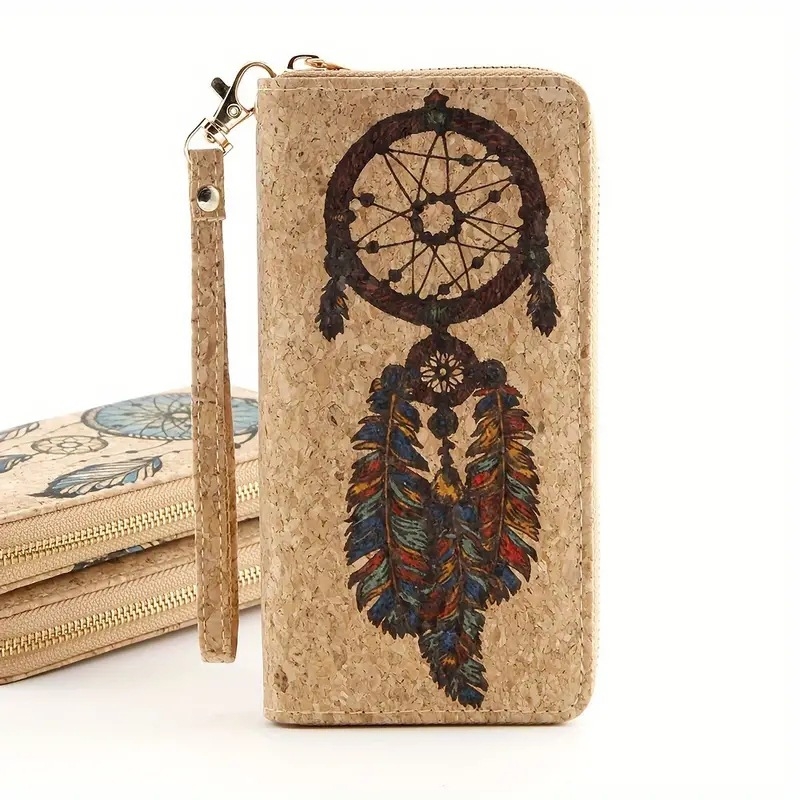 Portofel lung din plută cu fermoar, curea de mână, mai multe sloturi pentru carduri, model Dream Net Feather, căptușeală poliester, ediția 2025