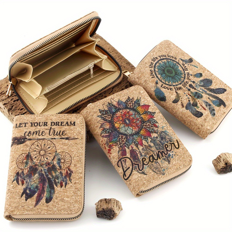 Portofel lung din plută cu fermoar, curea de mână, mai multe sloturi pentru carduri, model Dream Net Feather, căptușeală poliester, ediția 2025