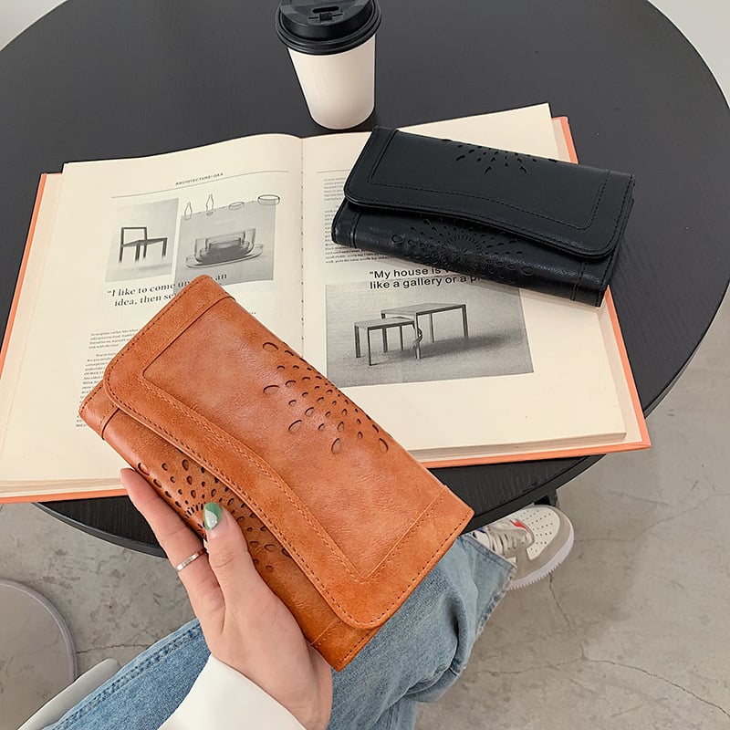 Portofel-clutch din PU, cu trei pliuri, finisaj retro ulei-wax, model monocrom, căptușe PU, extensie, Vara 2023
