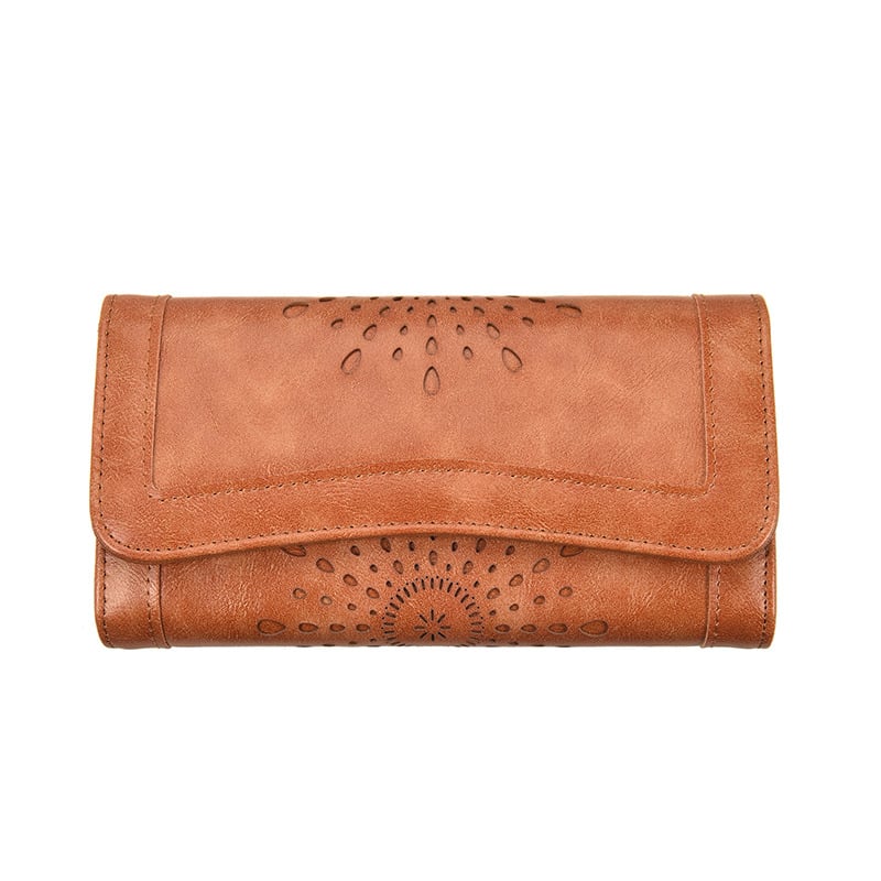 Portofel-clutch din PU, cu trei pliuri, finisaj retro ulei-wax, model monocrom, căptușe PU, extensie, Vara 2023