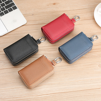 Atslēgu maciņš ar dubulto rāvējslēdzēju, īsta āda, pirmais slānis teļa ādas, automašīnas atslēgas un piekļuves karšu aizsardzība