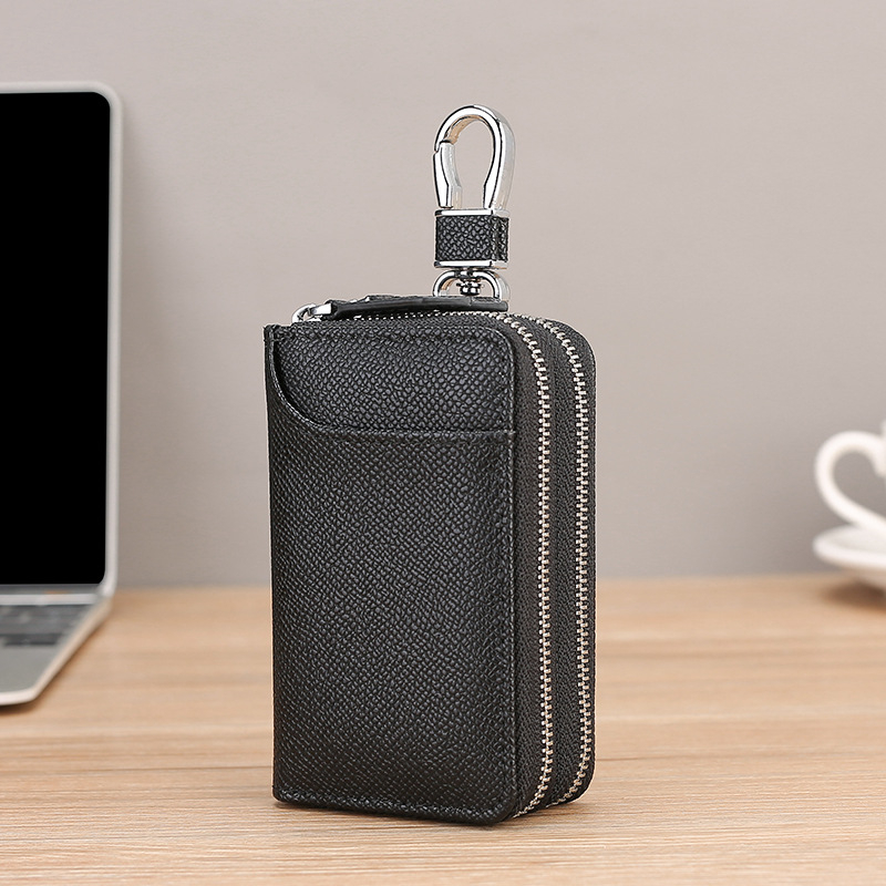 Dvigubo užtrauktuko raktų dėklas, natūralios odos, pirmojo sluoksnio galvijų odos, automobilių raktų ir prieigos kortelių apsauga