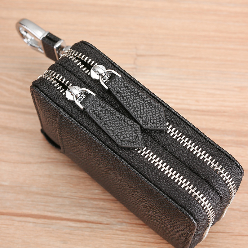 Dvigubo užtrauktuko raktų dėklas, natūralios odos, pirmojo sluoksnio galvijų odos, automobilių raktų ir prieigos kortelių apsauga