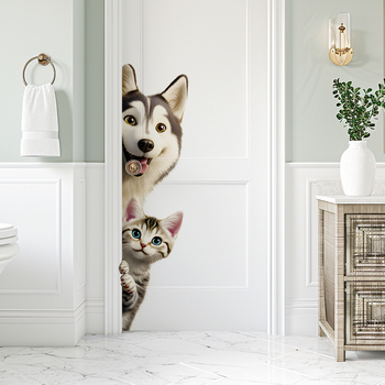 PVC αυτοκόλλητο τοίχου με κινούμενο σχέδιο γάτας και σκύλου, αδιάβροχο, ένα κομμάτι, κατάλληλο για σαλόνι, υπνοδωμάτιο, εστιατόριο και μπάνιο