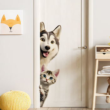 PVC αυτοκόλλητο τοίχου με κινούμενο σχέδιο γάτας και σκύλου, αδιάβροχο, ένα κομμάτι, κατάλληλο για σαλόνι, υπνοδωμάτιο, εστιατόριο και μπάνιο