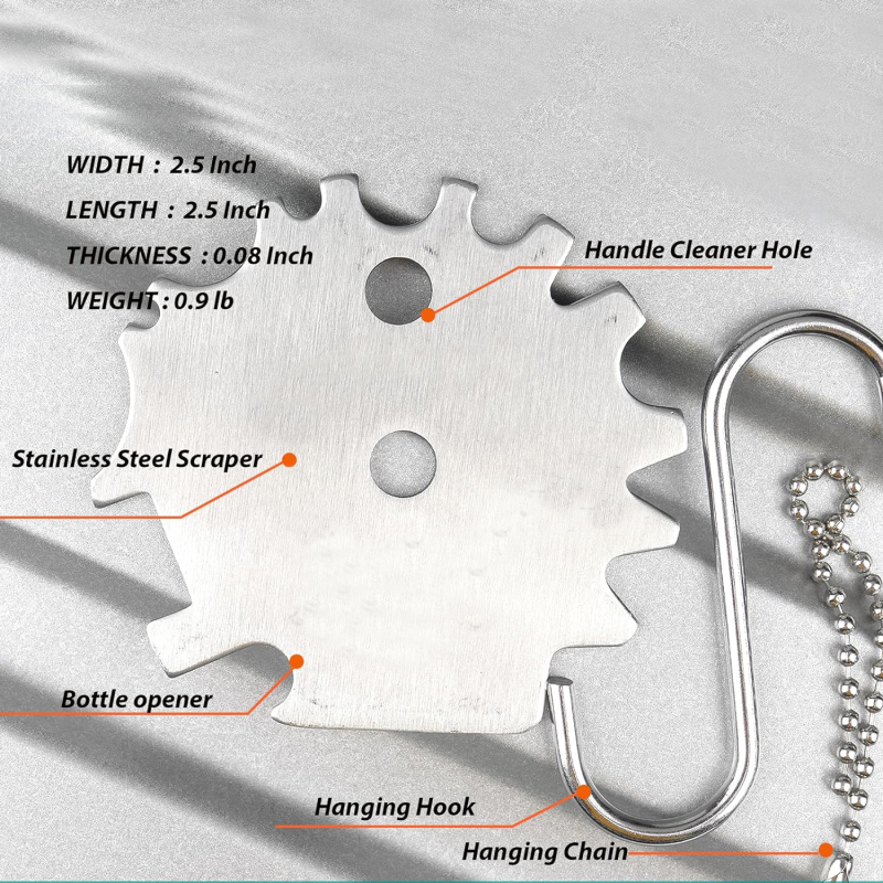 Nerūsējošā tērauda grila skrāpis ar nerūsējoša tērauda sariem un rokturi, kastē 100 gab.
