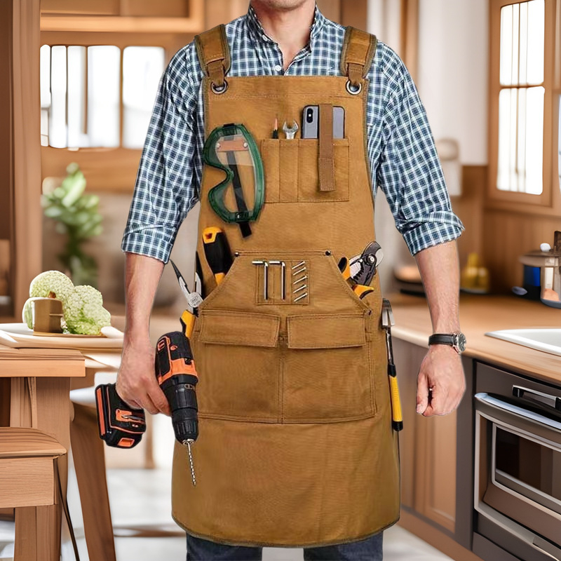 Vastag vászonból készült ujjatlan kötény, szennyeződés elleni védelemmel, asztalos- és villanyszerelési munkákhoz, modern minimalist stílus