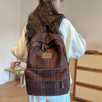 Unisex σακίδιο πλάτης από μαλλί με καρό μοτίβο, μεγάλη χωρητικότητα, χωράει φορητό έως 15 ιντσών, χειμερινό αστικό μινιμαλιστικό στυλ