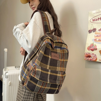 Unisex σακίδιο πλάτης από μαλλί με καρό μοτίβο, μεγάλη χωρητικότητα, χωράει φορητό έως 15 ιντσών, χειμερινό αστικό μινιμαλιστικό στυλ