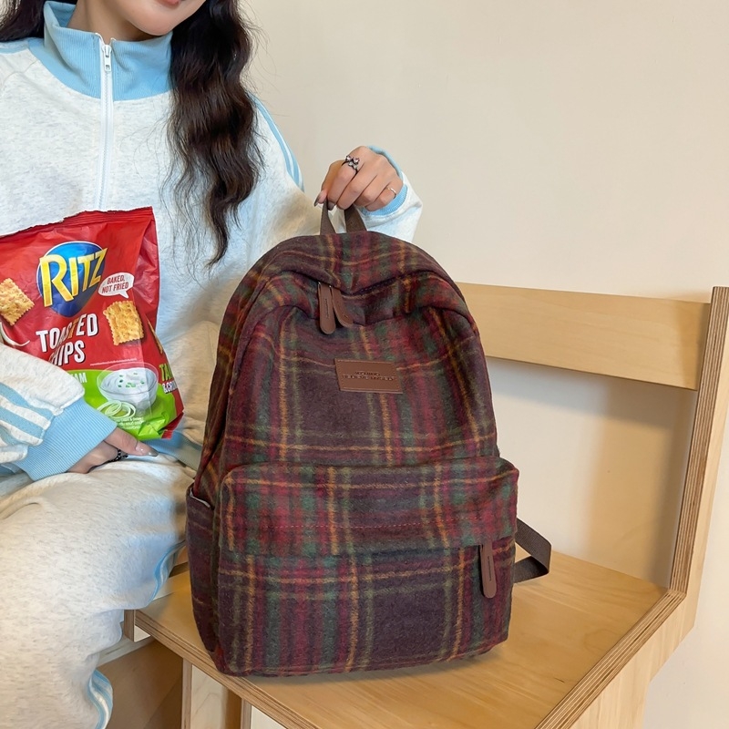 Uniszex gyapjú hátizsák kockás mintával, nagy kapacitású, 15 hüvelykes laptopig kompatibilis, téli városi minimalista stílus