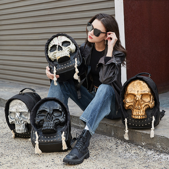 Rucsac din PU cu design 3D de craniu, pentru femei și bărbați, închidere cu fermoar, căptușeală din nylon, buzunare interne pentru telefon și ID, potrivit pentru călătorii de relaxare