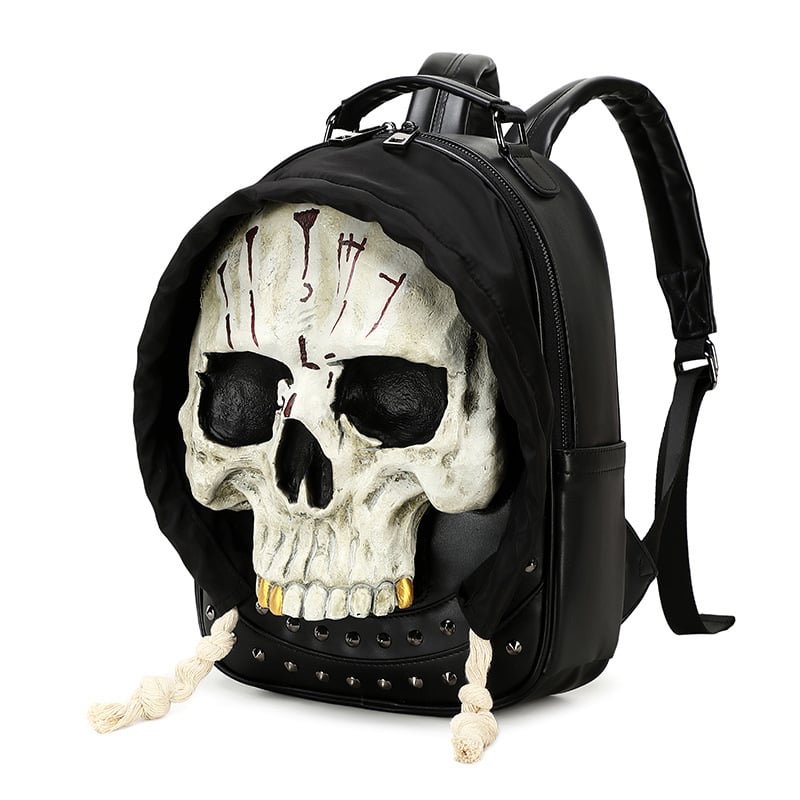Rucsac din PU cu design 3D de craniu, pentru femei și bărbați, închidere cu fermoar, căptușeală din nylon, buzunare interne pentru telefon și ID, potrivit pentru călătorii de relaxare