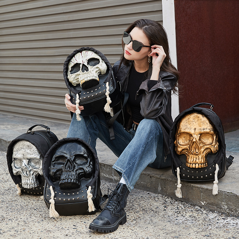 Rucsac din PU cu design 3D de craniu, pentru femei și bărbați, închidere cu fermoar, căptușeală din nylon, buzunare interne pentru telefon și ID, potrivit pentru călătorii de relaxare