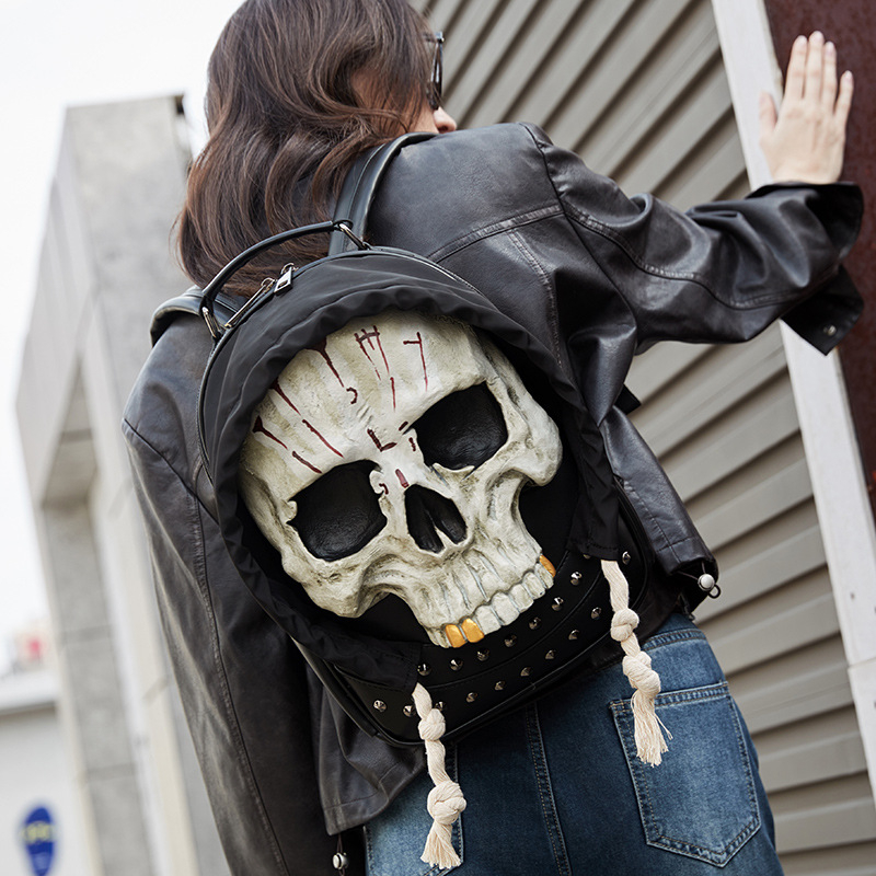 Rucsac din PU cu design 3D de craniu, pentru femei și bărbați, închidere cu fermoar, căptușeală din nylon, buzunare interne pentru telefon și ID, potrivit pentru călătorii de relaxare