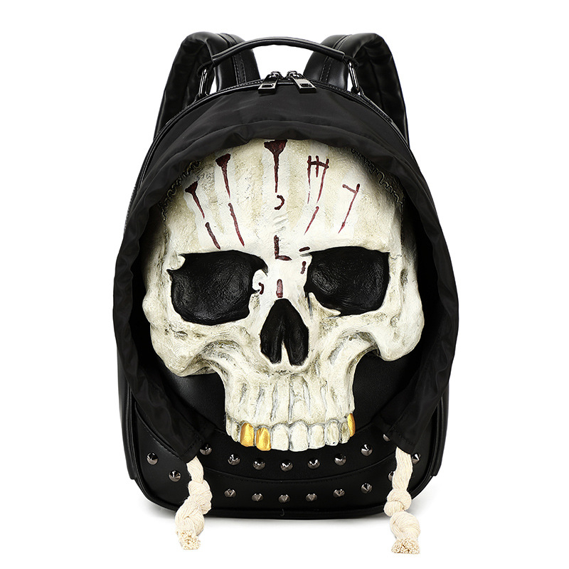 Rucsac din PU cu design 3D de craniu, pentru femei și bărbați, închidere cu fermoar, căptușeală din nylon, buzunare interne pentru telefon și ID, potrivit pentru călătorii de relaxare