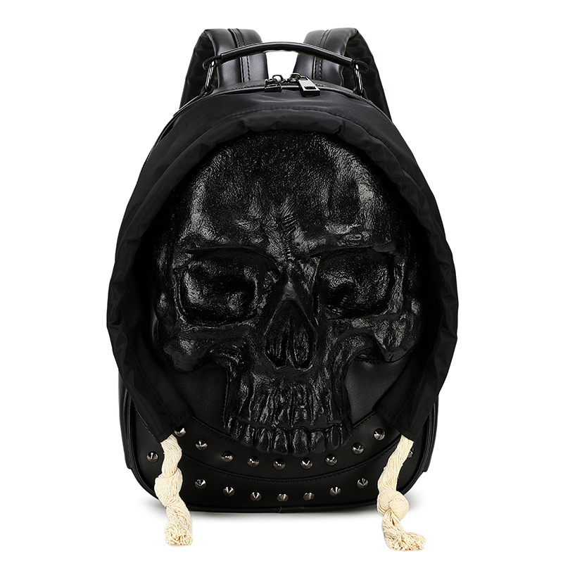 Rucsac din PU cu design 3D de craniu, pentru femei și bărbați, închidere cu fermoar, căptușeală din nylon, buzunare interne pentru telefon și ID, potrivit pentru călătorii de relaxare
