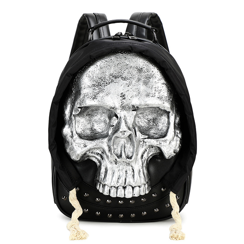 Rucsac din PU cu design 3D de craniu, pentru femei și bărbați, închidere cu fermoar, căptușeală din nylon, buzunare interne pentru telefon și ID, potrivit pentru călătorii de relaxare