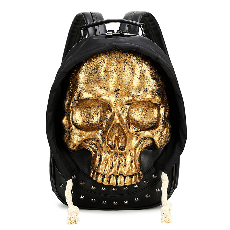 Rucsac din PU cu design 3D de craniu, pentru femei și bărbați, închidere cu fermoar, căptușeală din nylon, buzunare interne pentru telefon și ID, potrivit pentru călătorii de relaxare