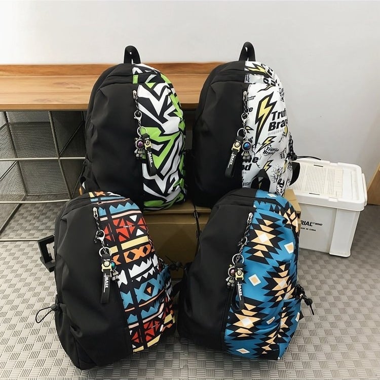 Beifanxi graffiti nylon hátizsák diákok számára, divatos kampus hátizsák laptop rekesszel és telefon- és ID-zsebekkel