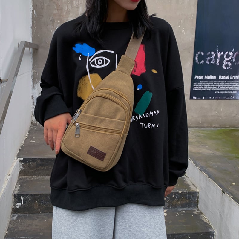 Платнена чанта за кръста за мъже и жени, с вътрешни джобове за телефон и карта, ципно затваряне, полиестерна подплата, единична презрамка