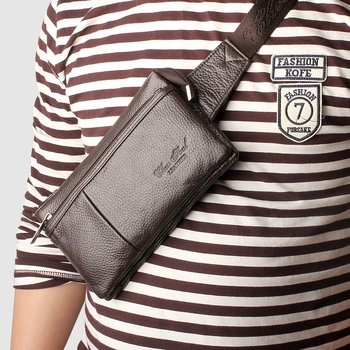 Мъжка поясна чанта от кожа от първи слой с вертикален квадратен силует, ципово затваряне, вътрешни джобове: джоб за телефон и джоб за лична карта, с една презрамка