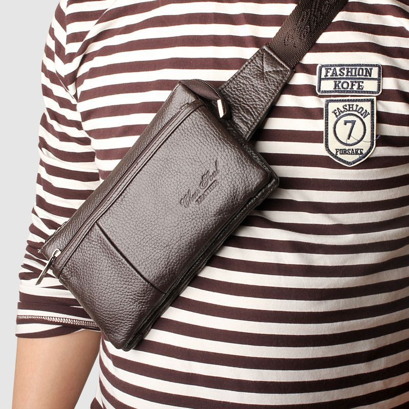 Мъжка поясна чанта от кожа от първи слой с вертикален квадратен силует, ципово затваряне, вътрешни джобове: джоб за телефон и джоб за лична карта, с една презрамка