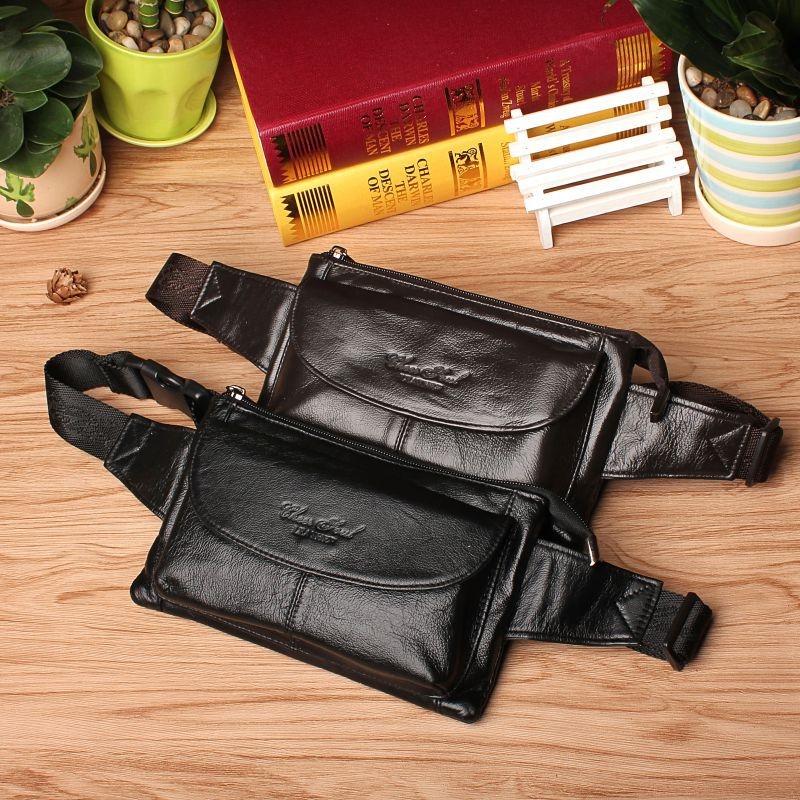 Мъжка поясна чанта от кожа от първи слой с вертикален квадратен силует, ципово затваряне, вътрешни джобове: джоб за телефон и джоб за лична карта, с една презрамка