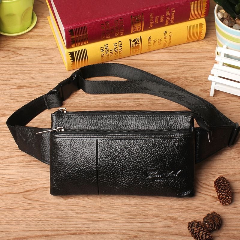 Мъжка поясна чанта от кожа от първи слой с вертикален квадратен силует, ципово затваряне, вътрешни джобове: джоб за телефон и джоб за лична карта, с една презрамка