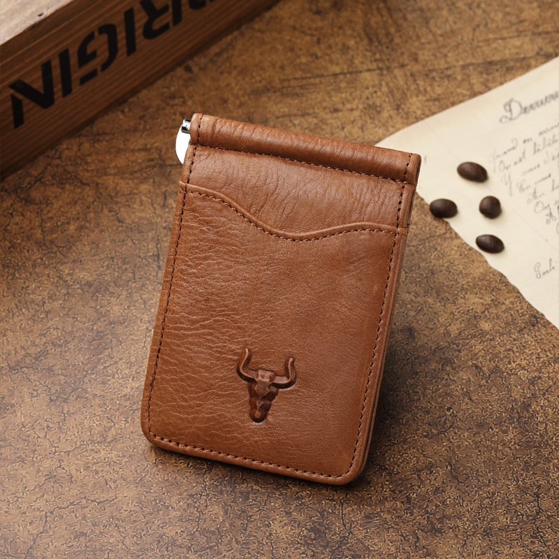 Valódi bőrből készült pénztárca pénzklippel és kártyatartóval, első réteg tehénbőrből, egyszínű, üzleti stílus, márka Famous craftsman family