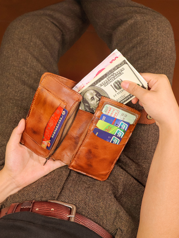 Portofel bărbați din piele naturală cu cataramă, din piele de vacă, tratată vegetal, model solid, căptușeală din piele, UNI ELAINE