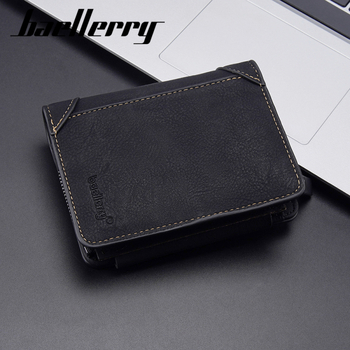 Baellerry vyriška trumpa PU piniginė, tri-fold kortelių kišenės, užsegamas skyrelis monetoms, apsauga nuo vagių
