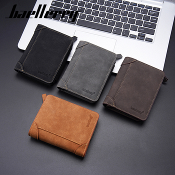 Baellerry vyriška trumpa PU piniginė, tri-fold kortelių kišenės, užsegamas skyrelis monetoms, apsauga nuo vagių