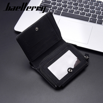 Baellerry vyriška trumpa PU piniginė, tri-fold kortelių kišenės, užsegamas skyrelis monetoms, apsauga nuo vagių