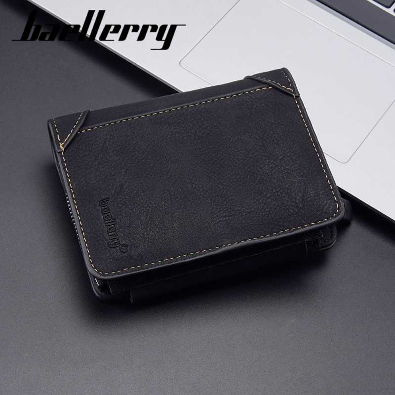 Baellerry vyriška trumpa PU piniginė, tri-fold kortelių kišenės, užsegamas skyrelis monetoms, apsauga nuo vagių