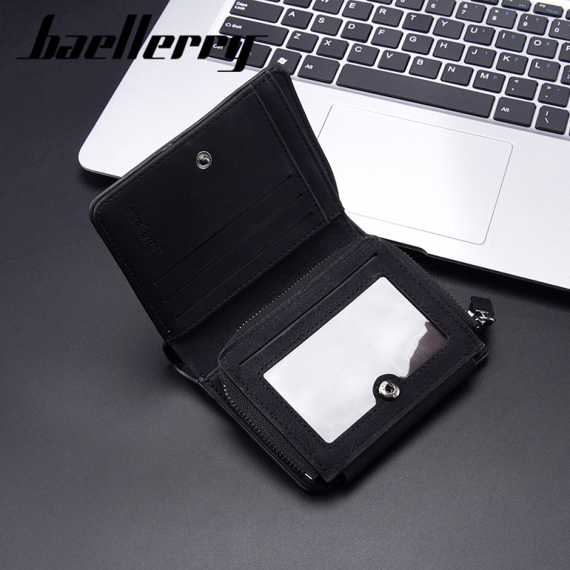 Baellerry vyriška trumpa PU piniginė, tri-fold kortelių kišenės, užsegamas skyrelis monetoms, apsauga nuo vagių