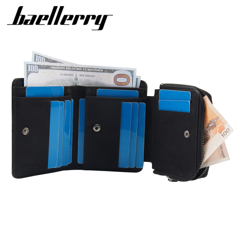 Baellerry vyriška trumpa PU piniginė, tri-fold kortelių kišenės, užsegamas skyrelis monetoms, apsauga nuo vagių